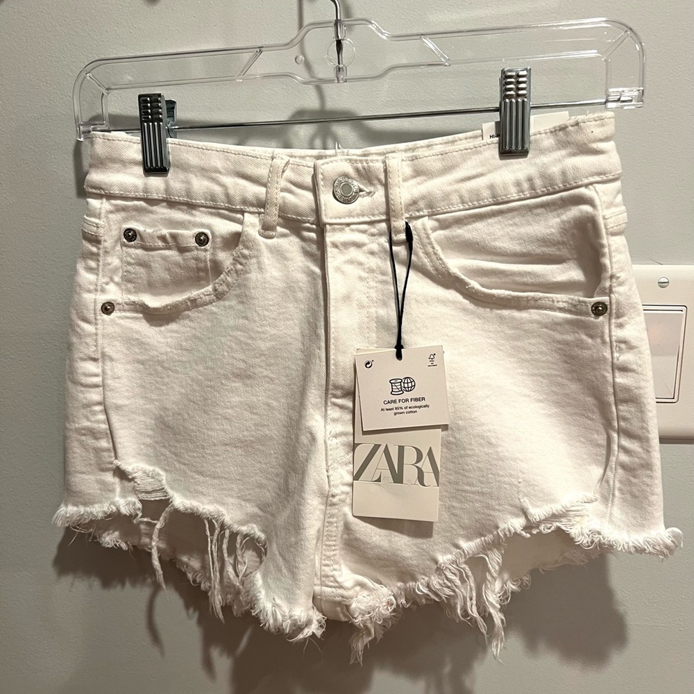 Zara high rise white denim shorts (with tags, never worn)